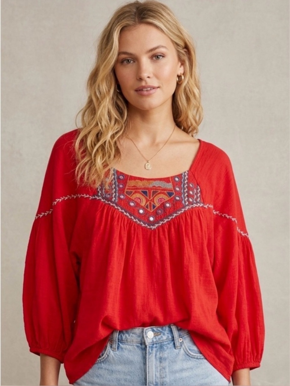 Free People Morning Light Embroidered Blouse in Cayenne Size Small (Oversized)